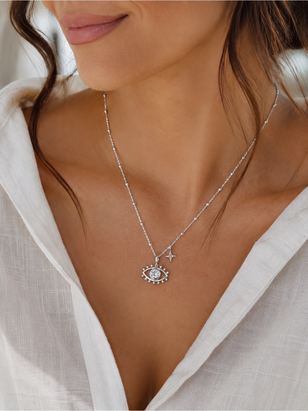 Alex and Ani Evil Eye Crystal Necklace NWT Silver Beaded Chain Star Charm